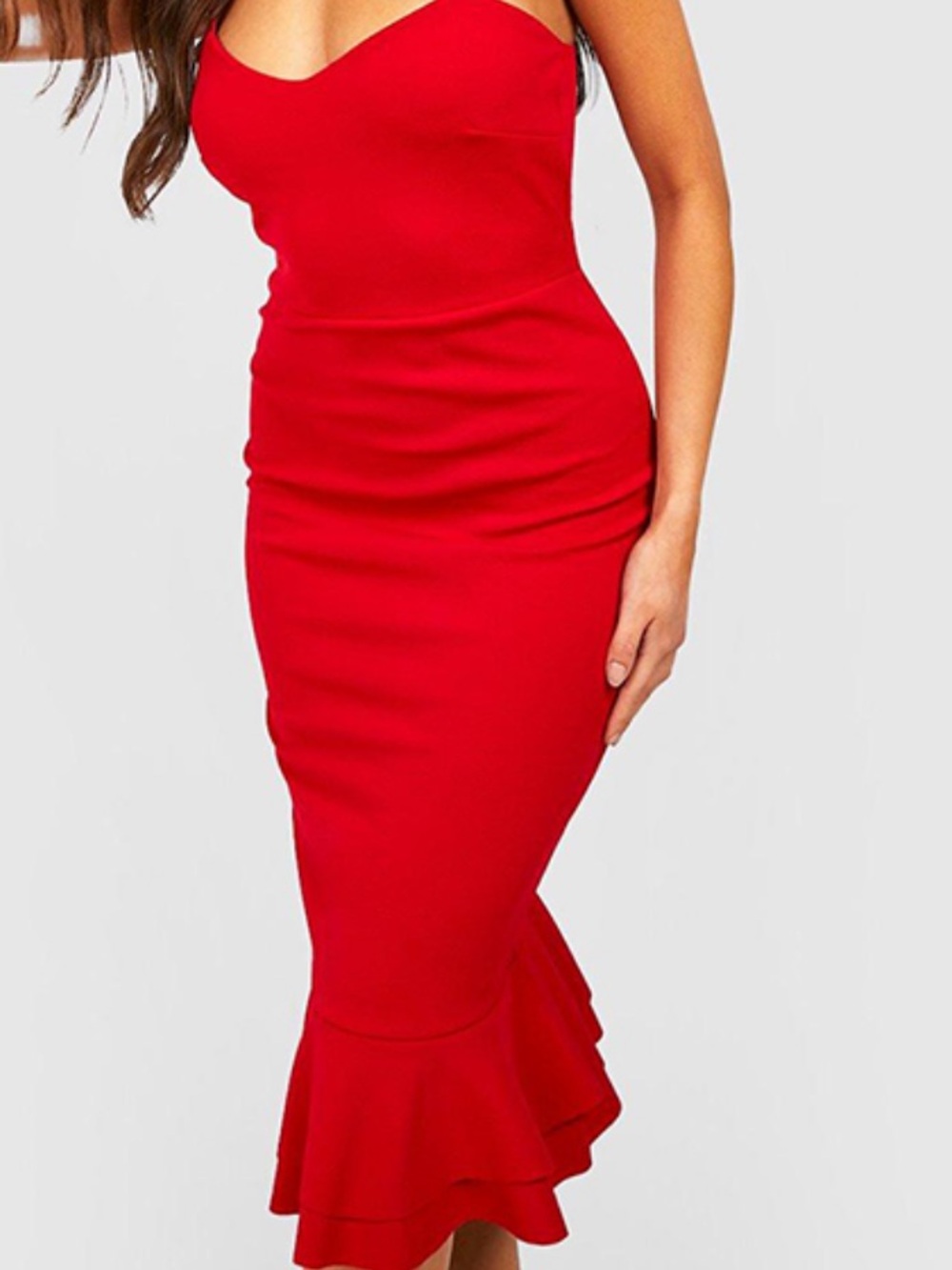 Boohoo Red Strapless Mermaid Midi Dress